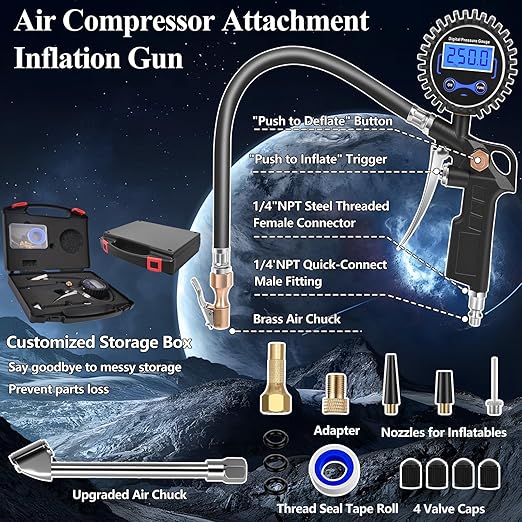 Digital Tire Pressure Gauge with Inflator, 250 PSI Heavy Duty Air Chuck Air Compressor Attachments, Improved Leaks Protection & Extended Hose Tire Gauge, 0.1 Display Resolution (Standard)
