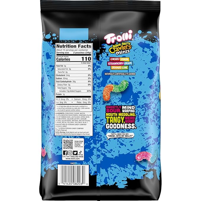 Trolli Mini Sour Brite Crawlers Candy, Cherry-Lemon, Strawberry-Grape & Orange-Lime, Sweet and Sour, Gummy Worms, 18 oz (30 ct)