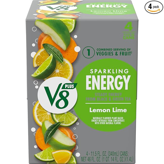 V8 +Energy Sparkling Lemon Lime Juice Energy Drink, 11.5 fl oz Can (4 Pack)