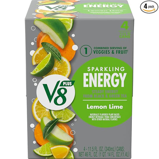 V8 +Energy Sparkling Lemon Lime Juice Energy Drink, 11.5 fl oz Can (4 Pack)