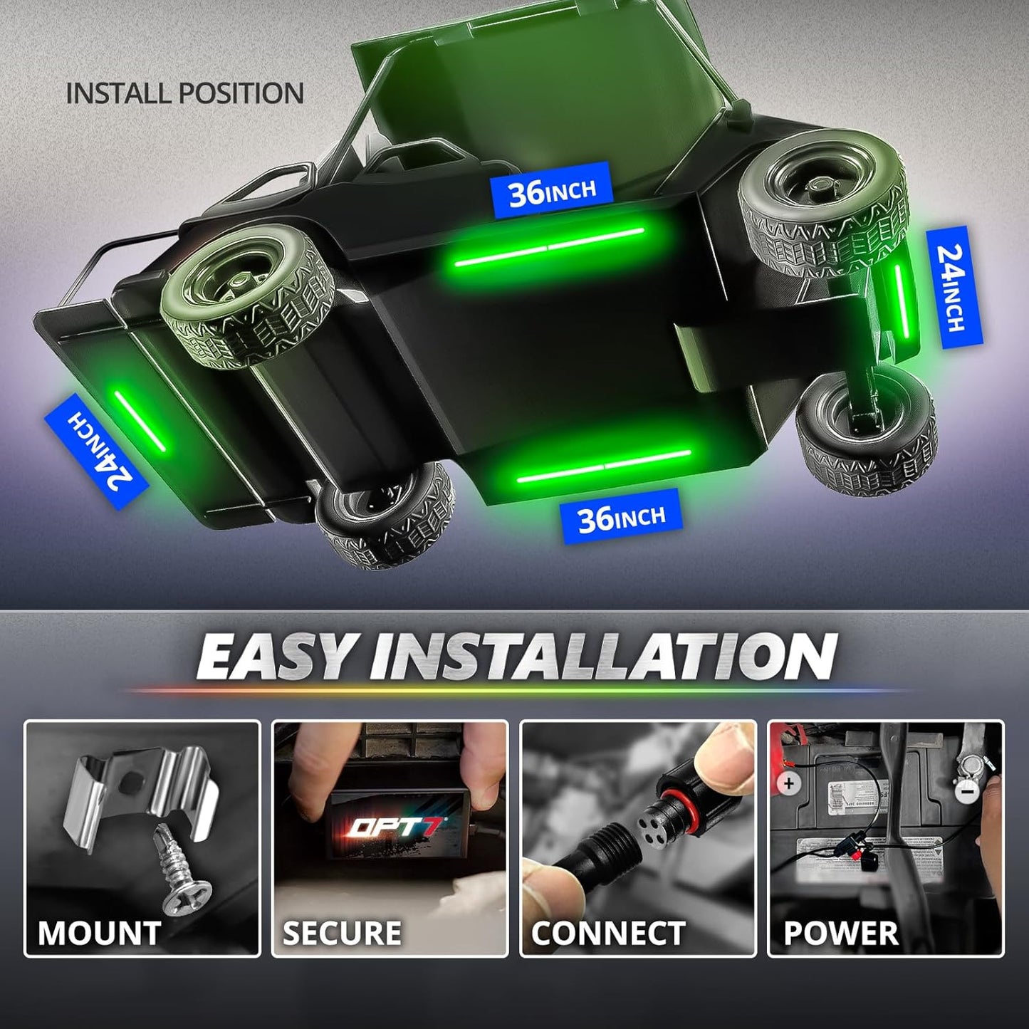 OPT7 Aura Pro Underglow Lights Kit for Golf Cart with APP & Remote Control, Waterproof Rigid Aluminum Light Bar, RGB Multicolor Music Sync LED Lighting Kit for EZGO Yamaha Club Car, 12V