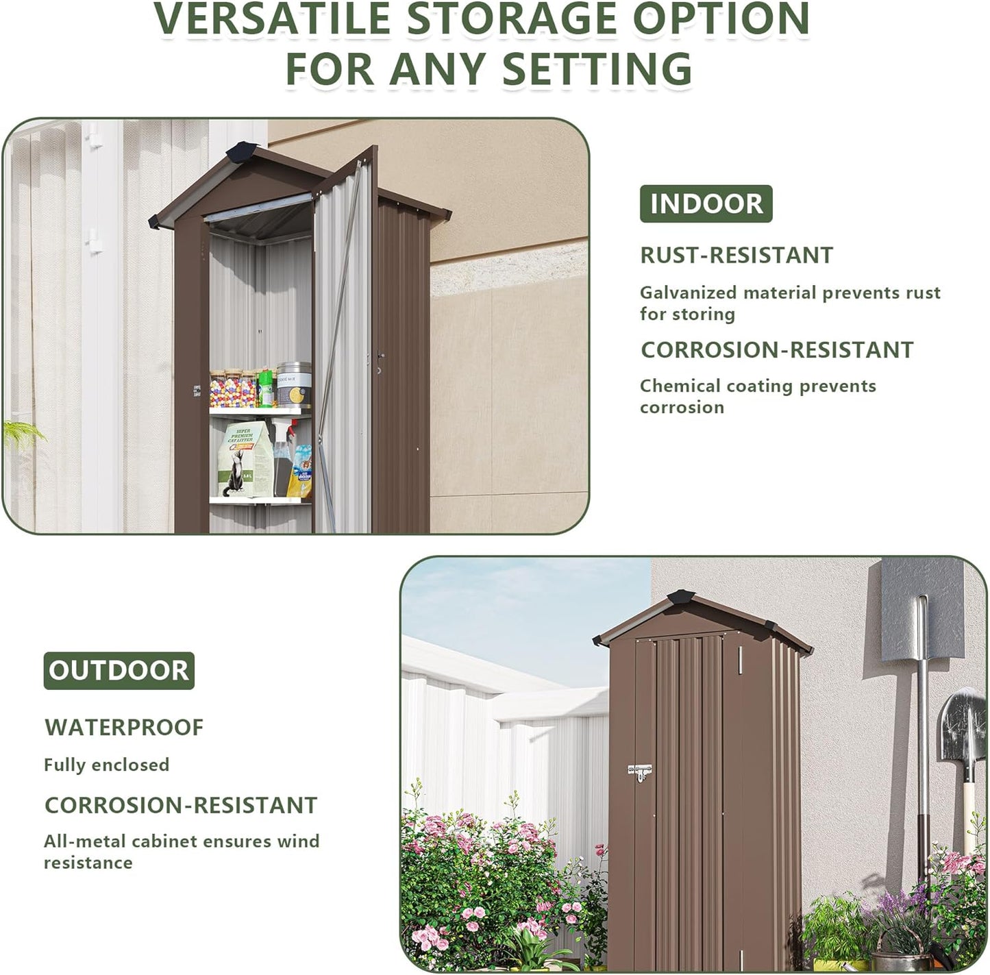 2.5x1.4 FT Outdoor Storage Shed, Small Metal Garden Shed with Adjustable Shelves, Mini Outside Tool Sheds with Lockable Hinged Door, Waterproof Outdoor Storage Cabinet for Backyard, Patio, Lawn, Brown