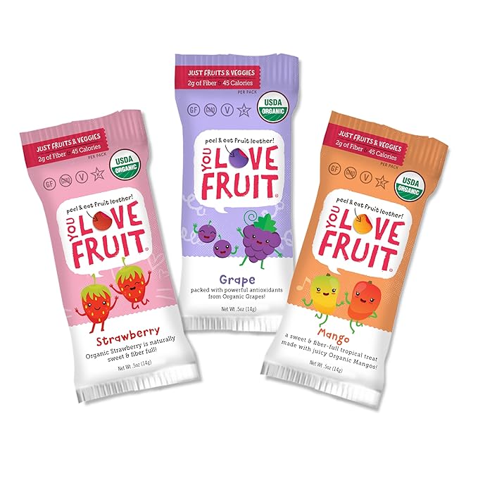 YOU LOVE FRUIT - Fruit Snacks Variety Pack 30 count, 100% Natural Gluten-Free, Vegan, Low Carb, Low Fat Fruit Kosher Snacks for Kids, College Students, Teachers and Offices, Healthy Fruit Snacks (Strawberry, Grape, Mango)
