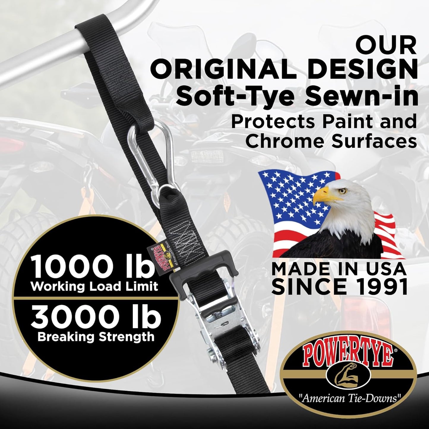 PowerTye 1.5in x 6.5ft Heavy Duty Ratchet Tie-Down Straps with Soft-Tye and Carabiner Hooks - 1,000 lb Working Load Limit / 3,000 lb Breaking Strength - Made in USA - Blue/Black Pair