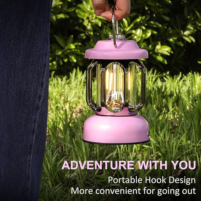 Rechargeable LED Camping Lanterns, Vintage Camping Lights Battery Operated, Portable Retro Metal Glamping Lights for Hiking, Hurricane, Decoration, Power outages, Pink, 1 Pack