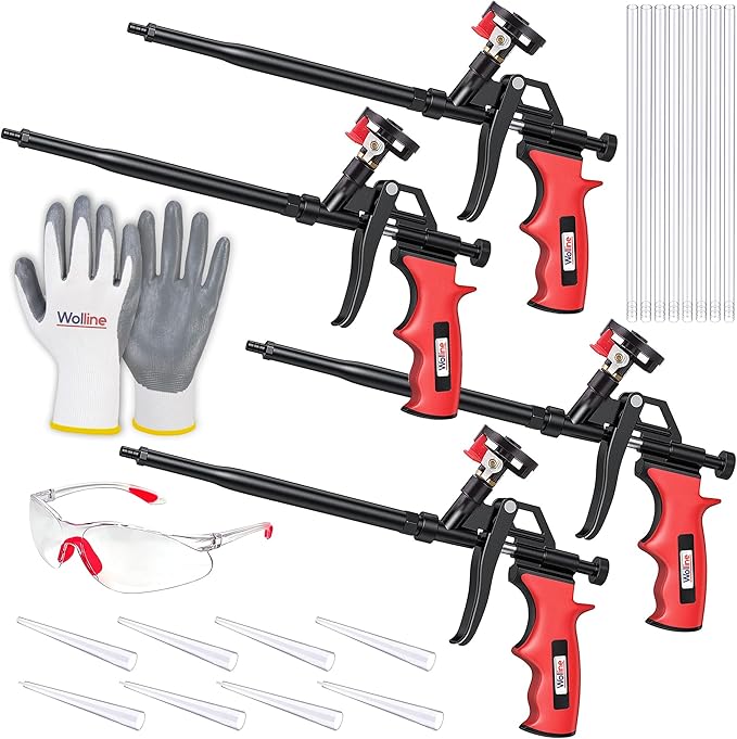 Spray Foam Gun, Wolline (4 Foam Gun + 16 Nozzle) Spray Foam Insulation Gun, Teflon-Coated Professional Expanding Spray Foam Applicator, Foam Dispensing Gun, Insulating Foam Applicator Red - 4 Pack