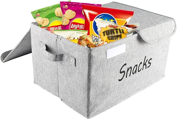 Snack Organizer for Pantry Shelf, Fabric Snack Organizer with Double Lids & Handles, Large 2-Compartment Snack Bin Snack Holder, Snack Basket for Chips Packets, Snack Bar Station Decor-Grey