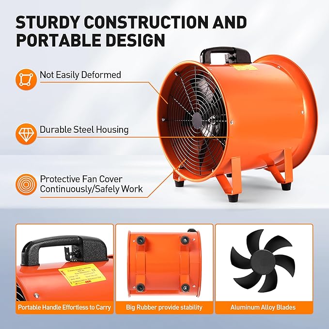 Rengue 16 Inches Utility Blower Exhaust Fan with 32.8 FT Duct, 3300 r/min High Velocity Low Noise Extraction and Ventilation Fan with Duct Hose