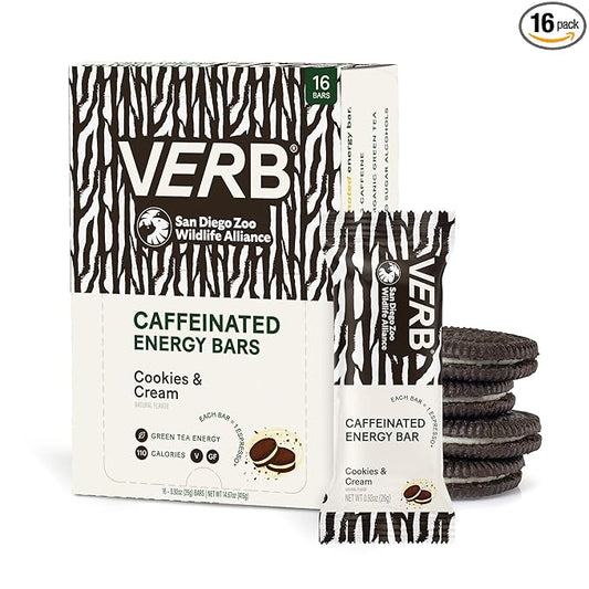 Verb Caffeinated Energy Bars Cookies & Cream (26g, Pack of 16) 110-Calorie Delicious Low Sugar Energy Bar - Vegan Gluten Free On-the Go Snack with 80mg Green Tea Caffeine, Only Real-Food Ingredients