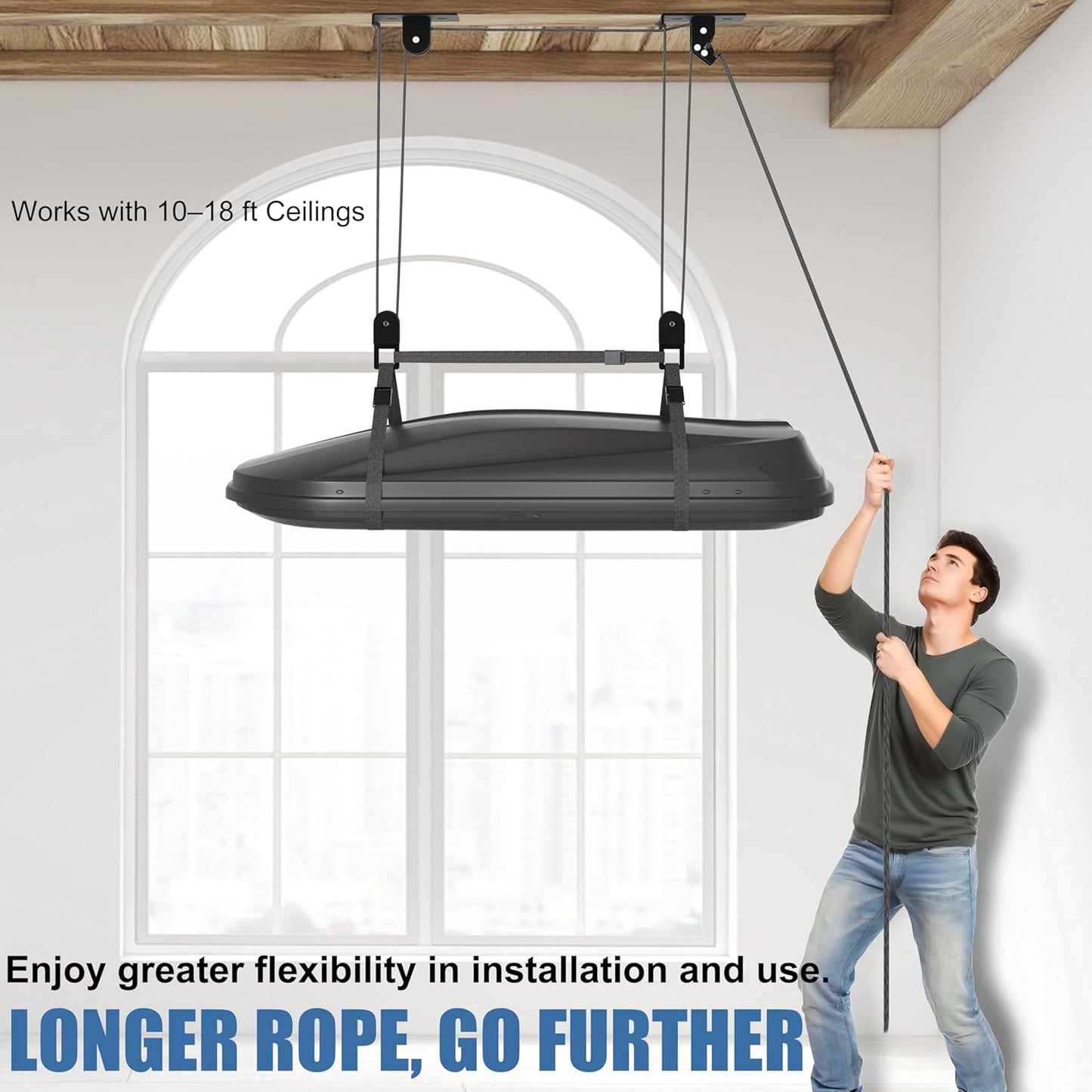 Cargo Box Pulley System for Garage Storage, Heavy-Duty Kayak/Canoes/Bikes/Ladders Ceiling Hoist, Hold Up to 150 lbs Capacity, Fit 10-18 Foot Ceilings, Black