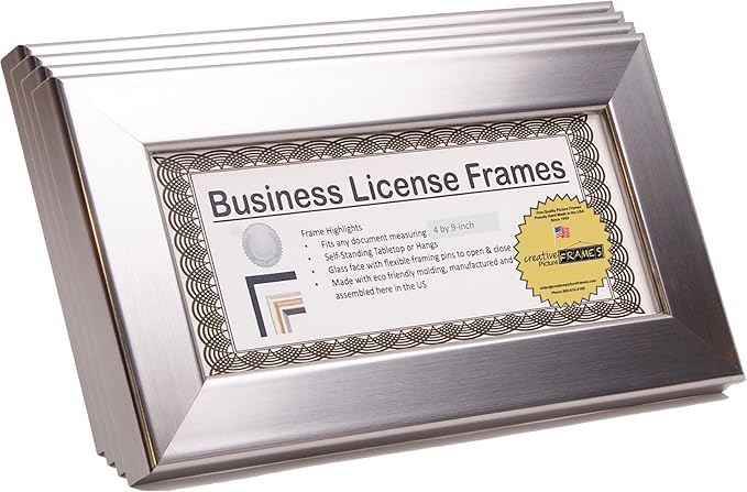 Creative Picture Frames 4” x 9” Stainless Steel Finish Business License Certificate Frame (pack of 4)