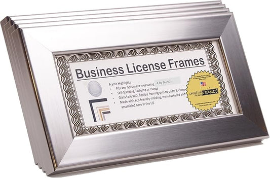 Creative Picture Frames 4” x 9” Stainless Steel Finish Business License Certificate Frame (pack of 4)