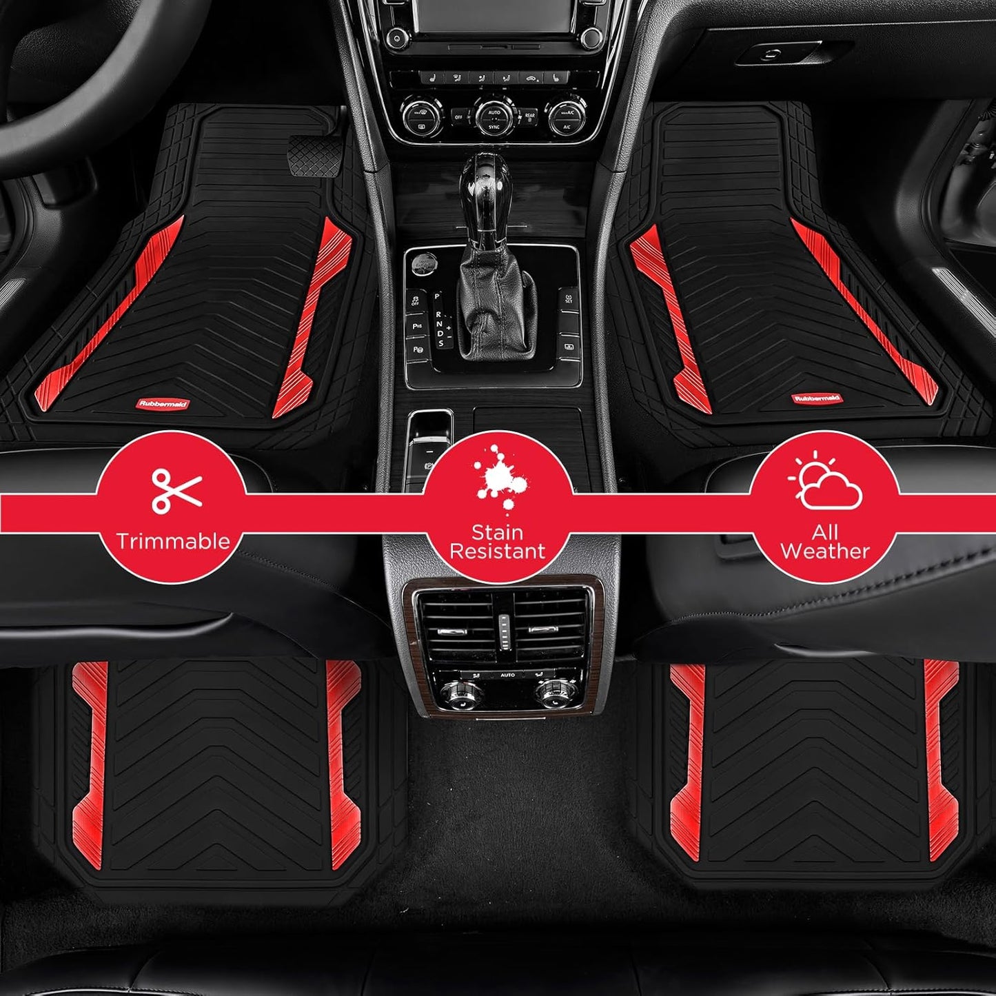 Rubbermaid Car Floor Mat, Heavy Duty All-Weather Car Mats Full Set with Dual-Tone Red Aluminum Inserts – Universal Fit, Anti-Slip Backing, Trim-to-Fit for Most SUV, Sedan, Van