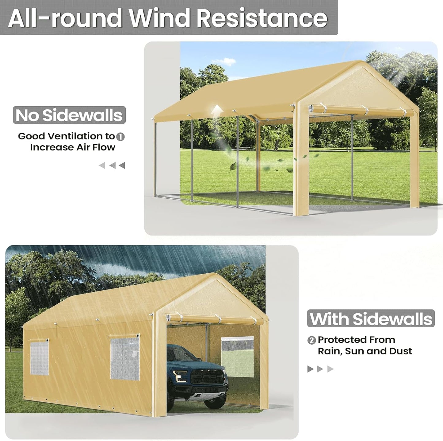 Carport 10x20 Ft, Heavy Duty Car Canopy with Reinforced Ground Bar, Portable Garage with Roll-up Windows and Removable Sidewalls, Galvanized Car Shelter, Large Outdoor Storage Shed (Yellow)