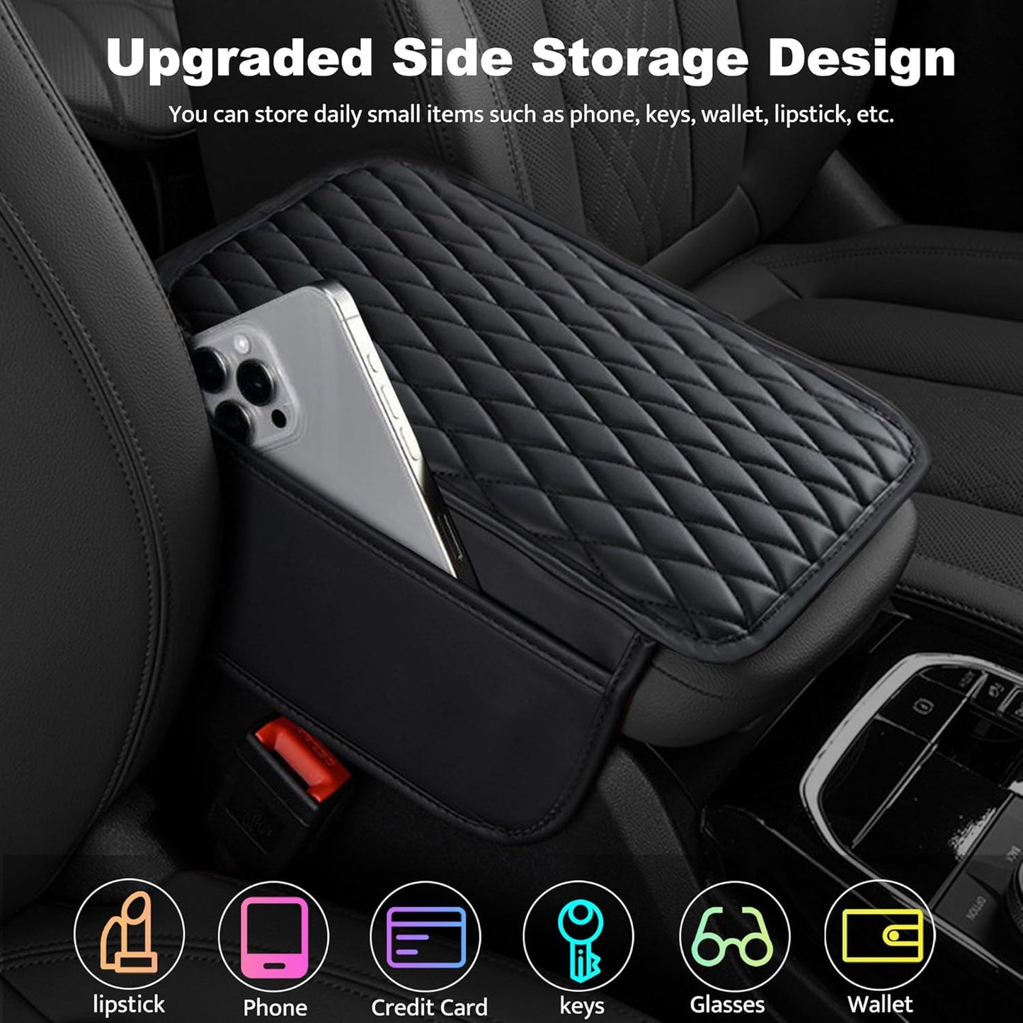 Car Center Console Cover, Upgraded Leather Armrest Seat Box Cover with 2 Storage Bags, Universal Waterproof Car Armrest Cover Cushion Comfortable Car Decor Accessories for Most Vehicles (Black)