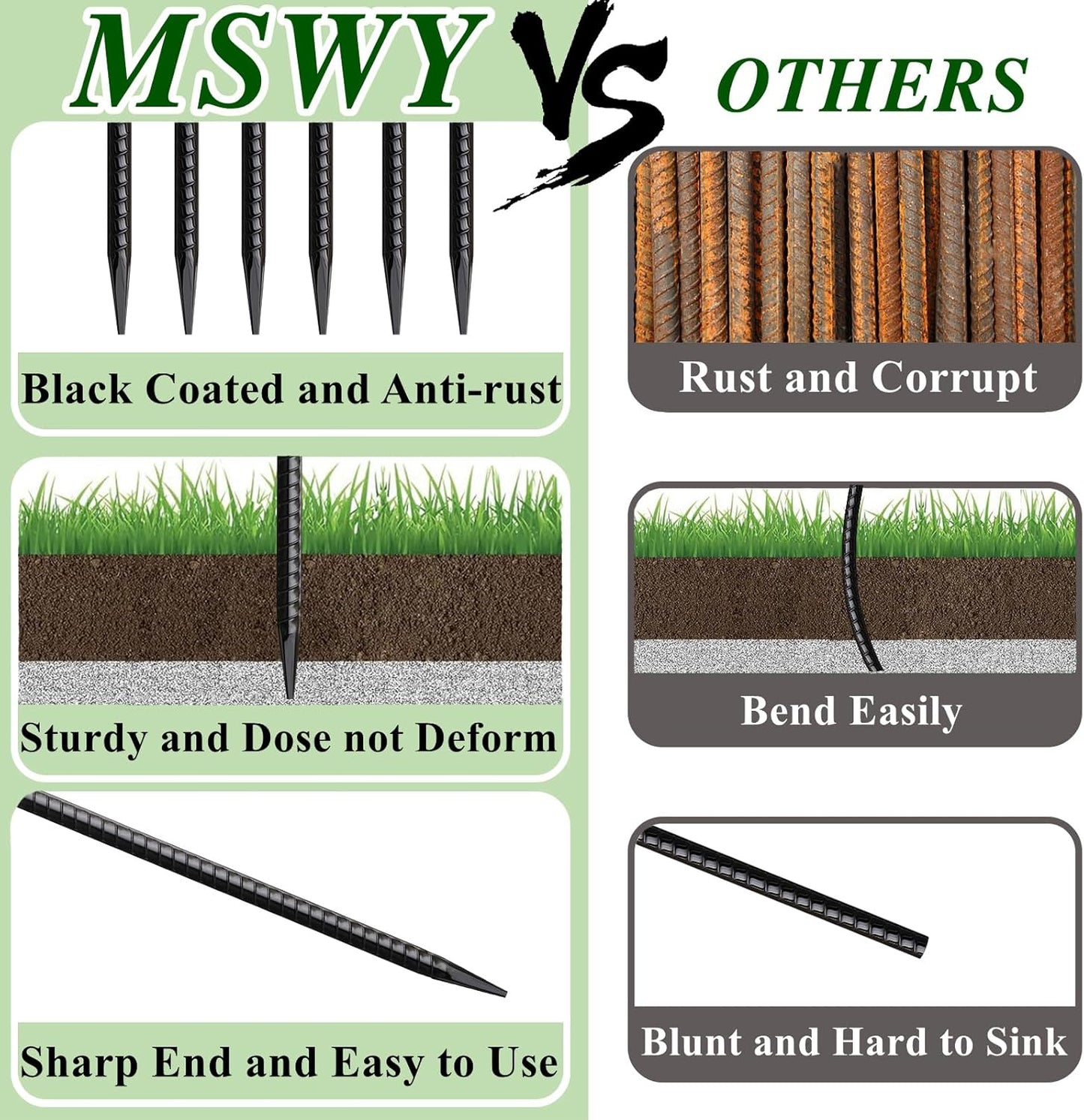 16 Inch Rebar Stakes 20 Pack Heavy Duty Ground Anchors 1/2 Inch Diameter Galvanized Steel Asphalt Anchoring Metal Spikes for Speed Bump, Parking Curb and Camping Tent