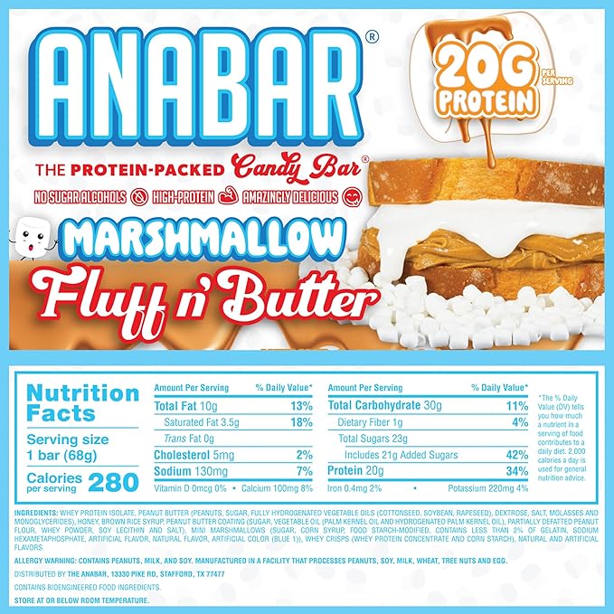 Anabar Protein Bar, The Protein-Packed Candy Bar, Amazing Tasting Protein Bar, No Sugar Alcohols, High Protein, Amazingly Delicious, 20 Grams of Protein (12 Bars, Marshmallow Peanut Butter)