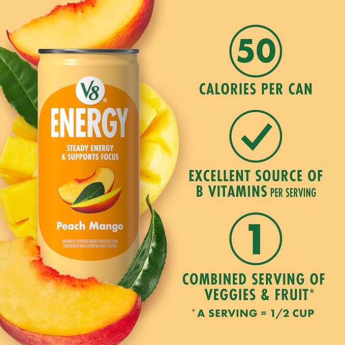 V8 Energy Peach Mango and Orange Pineapple Energy Drinks, 8 fl oz Can (24 Pack)