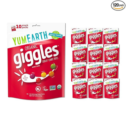 YumEarth Organic Giggles Chewy Candy – Allergy Friendly, No Artificial Dyes, Non GMO, Gluten Free, Fruit Flavored, Vegan Candy Snacks with No Artificial Flavors, 0.5 oz (Pack of 120)