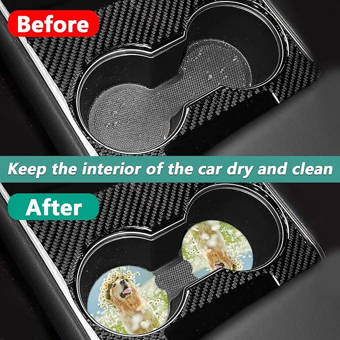 2 Pack Car Cup Holder Coasters - Dog Flower Absorbent Ceramic Coaster, Car Coasters for Cup Holders, Car Interior Accessories for Women Men