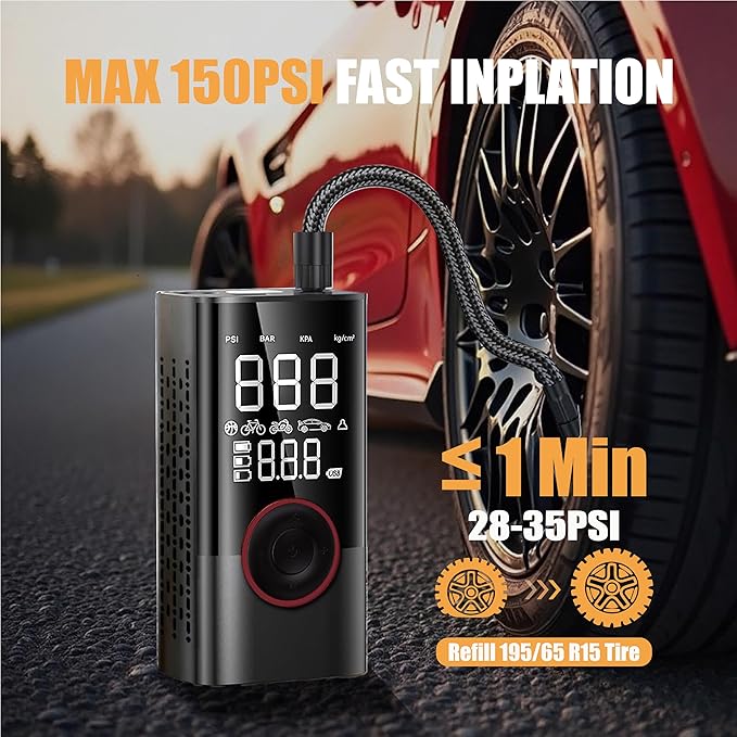 Tire Portable Air Compressor, Max 150PSI Cordless tire inflator with a digital pressure gauge, auto shut-off & LED light. Compact pump for car, bike, motorcycle, and ball