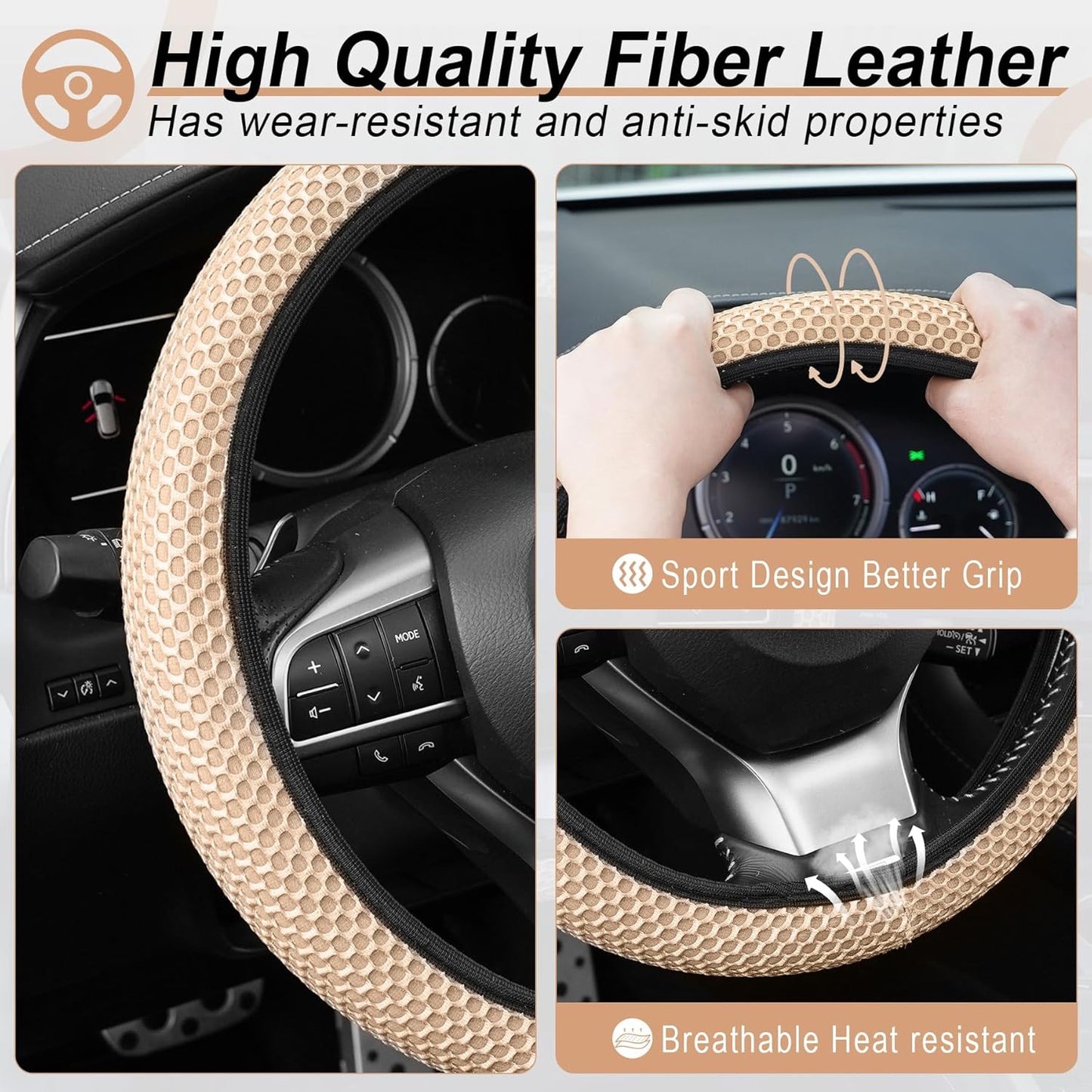 alpmosn Elastic Stretch Steering Wheel Cover, Breathable Microfiber Ice Silk, Anti-Slip, Odorless, Easy Carry, Universal Interior Accessories Steering Wheel Cover for Women & Men(Beige)