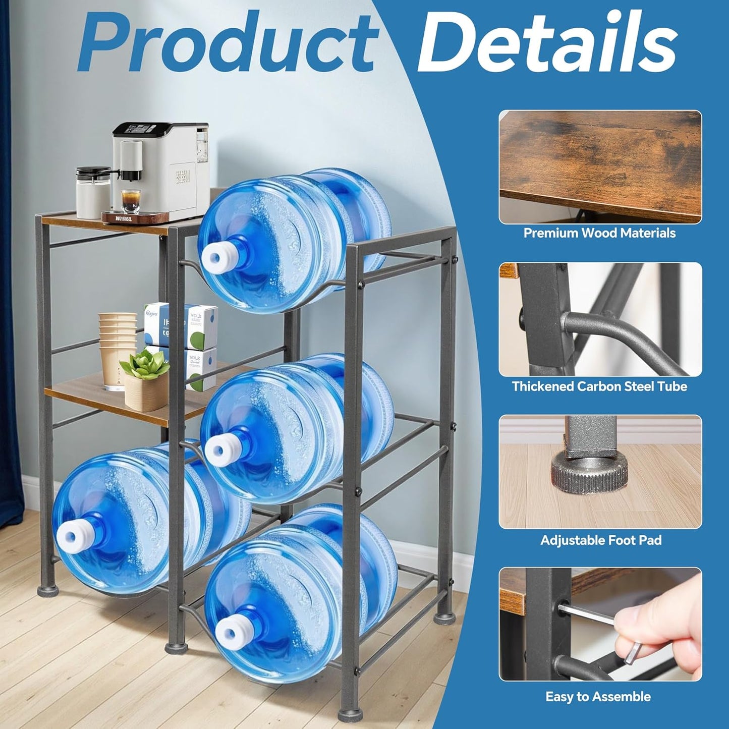 3-Tier 5 Gallon Water Bottle Holder, Heavy Duty Water Jug Rack with Wood Top Shelf, Water Dispenser Stand for Kitchen, Office, Garage