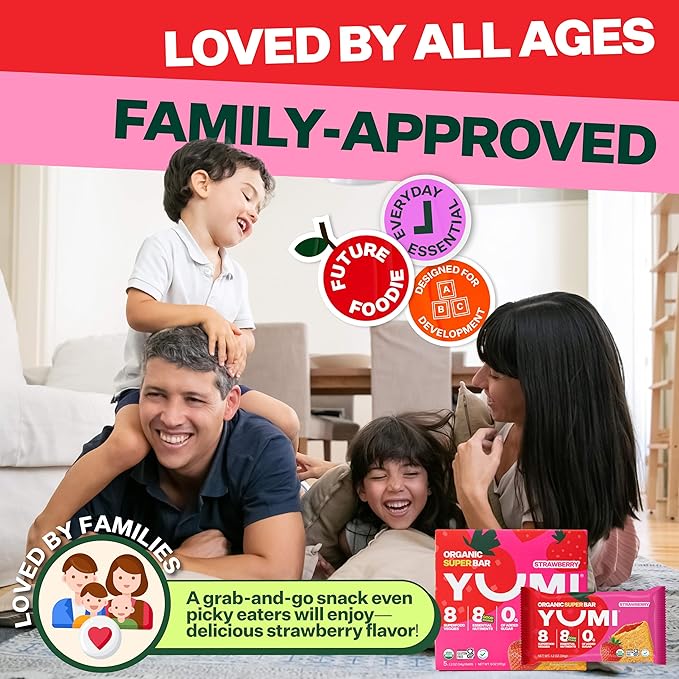 YUMI Organic Breakfast Superbar, Gluten-Free, No Added Sugar, 7+ Vegetables, Soft-Baked Crust, Healthy Snack Bars for Kids, School Safe, Healthy Alternative to Granola Bars or Cereal Bars, Strawberry (30ct)