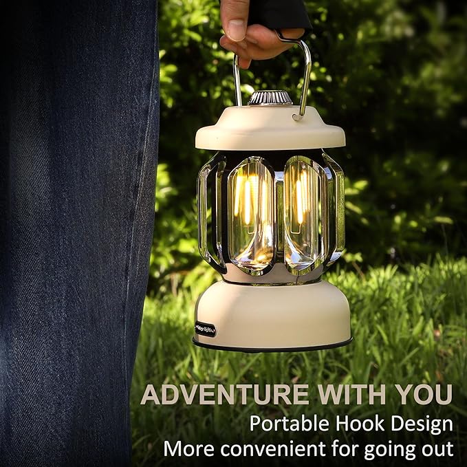 Rechargeable LED Camping Lanterns, Vintage Camping Lights Battery Operated, Portable Retro Metal Glamping Lights for Hiking, Hurricane, Decoration, Power outages, White, 1 Pack
