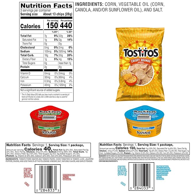 Tostitos Tortilla Chips Chip & Salsa Pack, 3oz Tostitos Crispy Rounds & 3.8oz Medium Salsa (16 count)