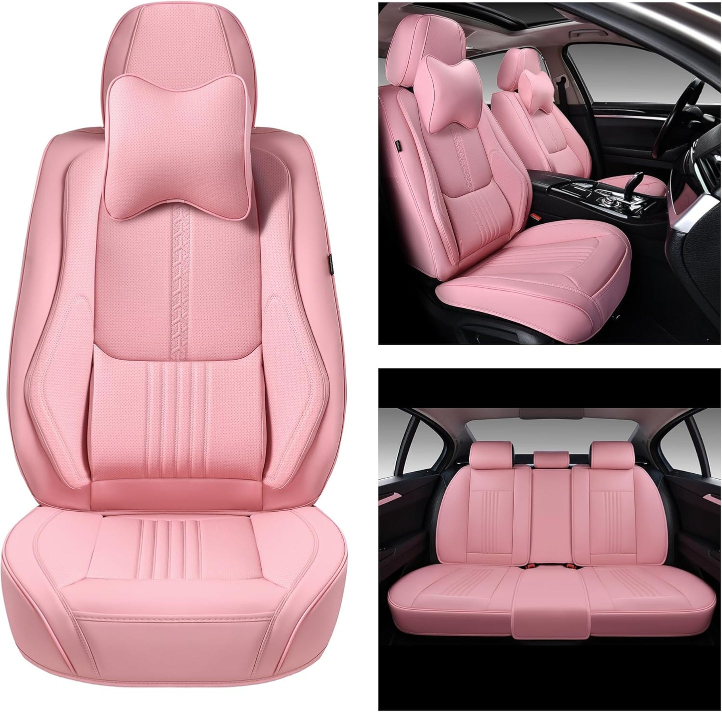 Car Seat Covers Full Set, Front and Rear Seat Covers for Cars, Waterproof Leather Auto Seat Protectors with Head Pillow, Car Seat Cushions Fit for Most Sedans SUV Pick-up Truck, Pink