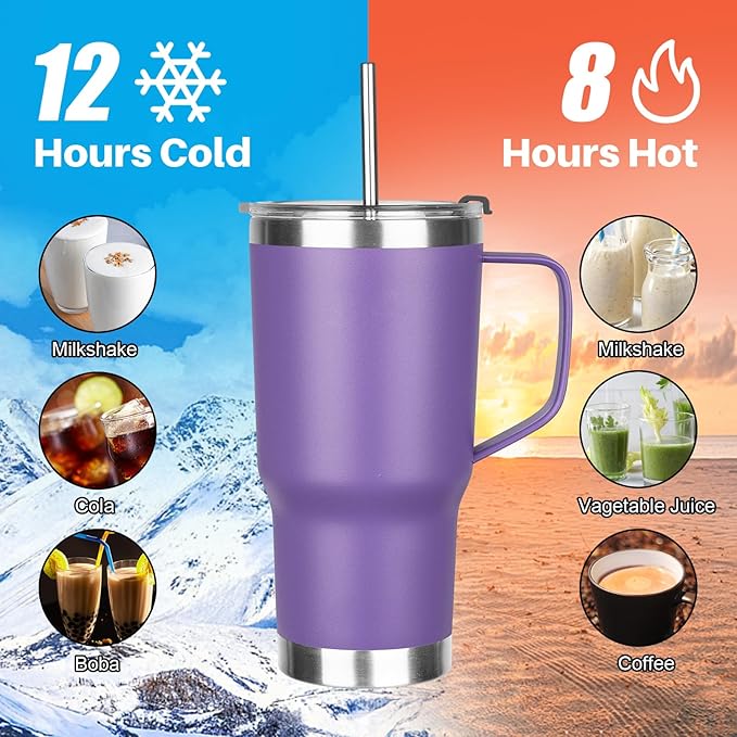 20 oz Tumbler with Handle, Stainless Steel Insulated Tumbler with Lid and Straw, Double Wall Vacuum Insulated Coffee Mug Tumbler, Insulated Coffee Thermal Cup for Cold and Hot（Purple）