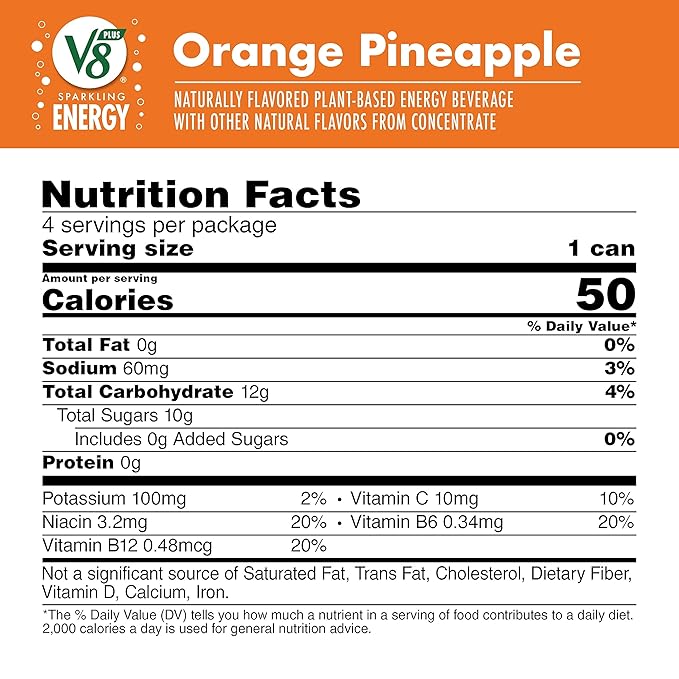 V8 +Energy Sparkling Orange Pineapple Juice Energy Drink, 11.5 fl oz Can (4 Pack)