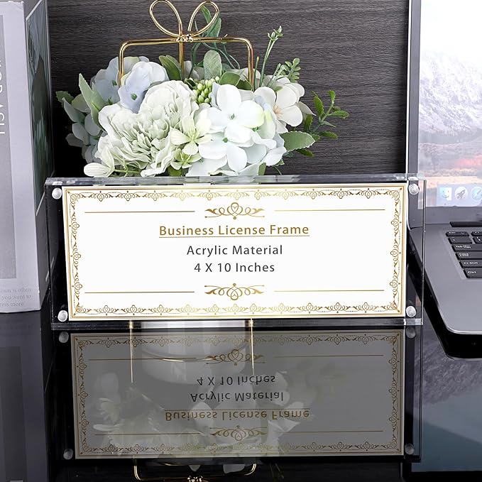 JUXYES Clear Acrylic Business License Frame Magnetic License Certificate Display Frame, Acrylic Sandwich Frames Frameless Panoramic Picture Frame Tabletop Magnetic Frames for Business License, 4x10