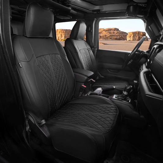 for Jeep Wrangler Seat Covers 4Door JL 2018 2019 2020 2021 2022 2023 2024 2025, Custom Fit Car Seat Cover Full Set, Luxury Waterproof Leather Seat Protectors, Black, W/O Rear Cup Holder