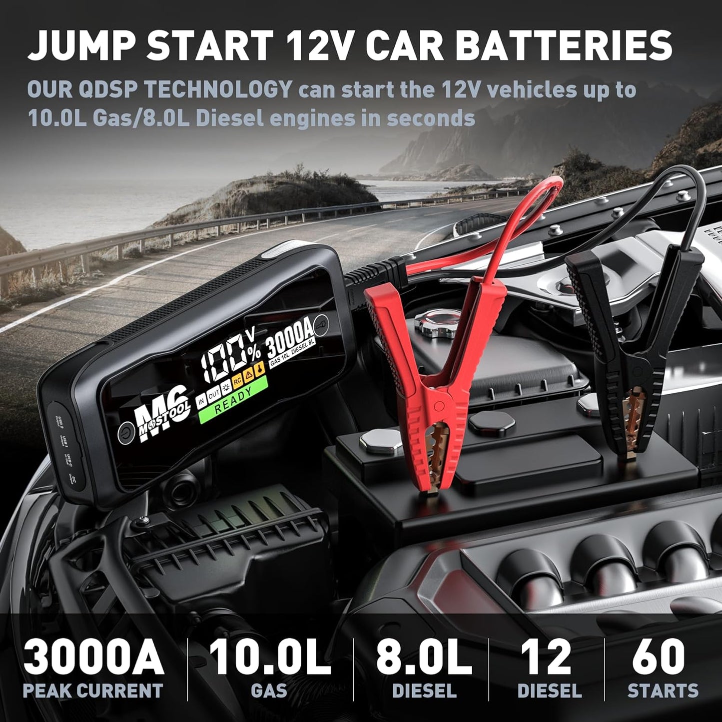 MOSTOOL M6 Car Jump Starter, 3000A Peak 12V Battery Jump Starter Power Pack with LED Display, Compact Portable Jumper Starter Jump Box for Car Battery, for All Gas Engines and Up to 8.0L Diesel