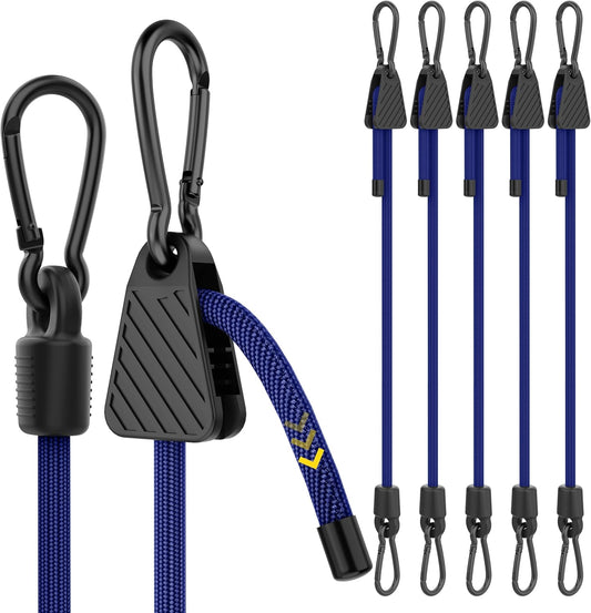 Bungee Cords with Hooks, 60 Inch Adjustable Blue Bungee Cords with Carabiner Heavy Duty Outdoor, 8mm Thick Easy to Adjust Durable Bungee Rope UV Resistant for Bike Rack, Garden, Tension, 6 Pack