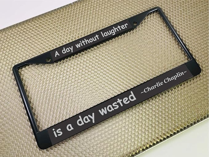 Custom Personalized Black Powder-Coated Metal Laser Engraved Standard Size - Car/Automobile License Plate Frame with Free caps - Black/Gray Text (Qty: 1 Frame)