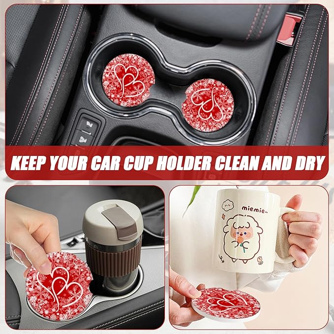 Valentines Love Heart Car Coasters for Cup Holders, Absorbent Ceramic Car Coaster Car Cup Holder Coaster Car Accessories for Women Men (2 Pack)