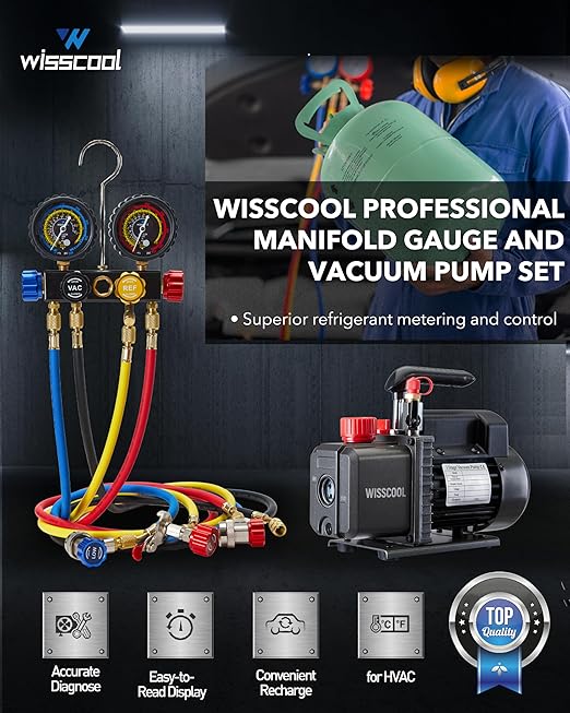 4.5cfm AC Vacuum Pump 4 Way Gauge Set, 110V 1/3 hp HVAC Air Vacuum Pump Manifold Gauge Kit with 4 Hoses Adapters Accessories Carry Bag for R410a R134a R22 Refrigeration Recharging