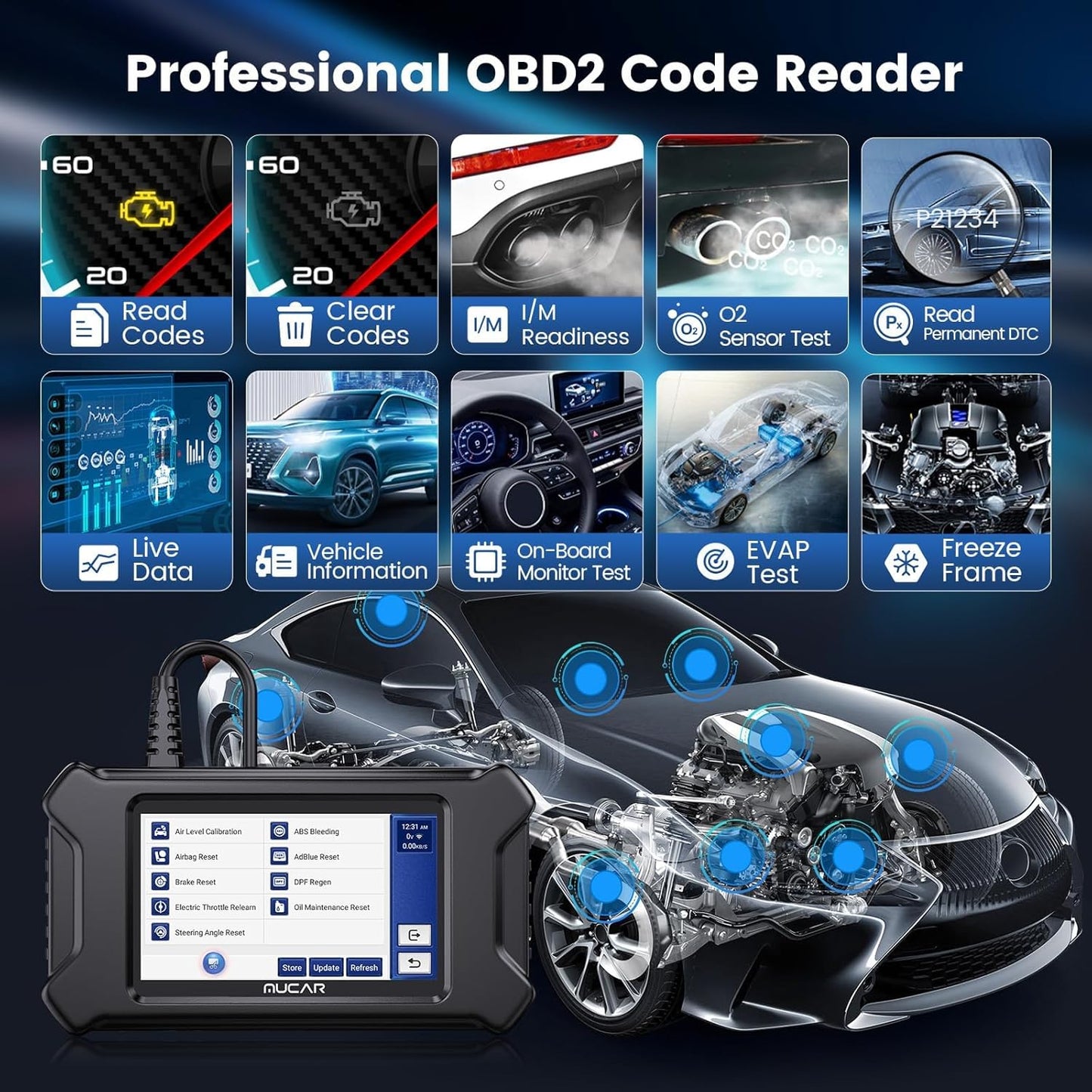 MUCAR CS6 OBD2 Scanner Diagnostic Tool, Engine Transmission BCM Car Scanner, ABS Code Reader, SRS TPMS Scan Tool, 7 Reset Service, Oil/EPB/SAS/TPMS/DPF/Throttle/ABS Bleed, Auto VIN, Free Update