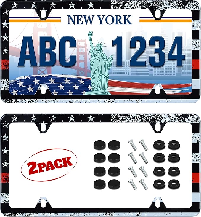 2pcs Thin Red Line American Flag License Plate Frame Firefighter License Plate Holder Retro Stainless Steel Auto Parts Decoration Fits U.S. Canadian Standard 4 Hole for Men Women