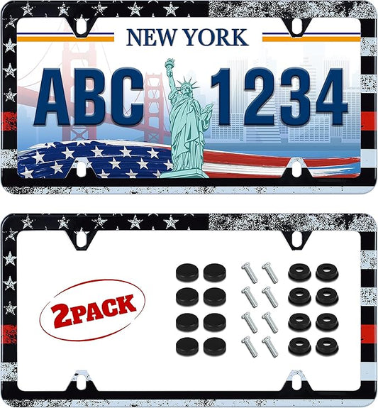 2pcs Thin Red Line American Flag License Plate Frame Firefighter License Plate Holder Retro Stainless Steel Auto Parts Decoration Fits U.S. Canadian Standard 4 Hole for Men Women