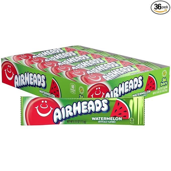 Airheads Halloween Trick or Treat Candy Full Size Bars, Watermelon Flavor, Individually Wrapped Bulk Candy for Adults & Kids, Taffy, Non-Melting, Party (Pack of 36 Bars)