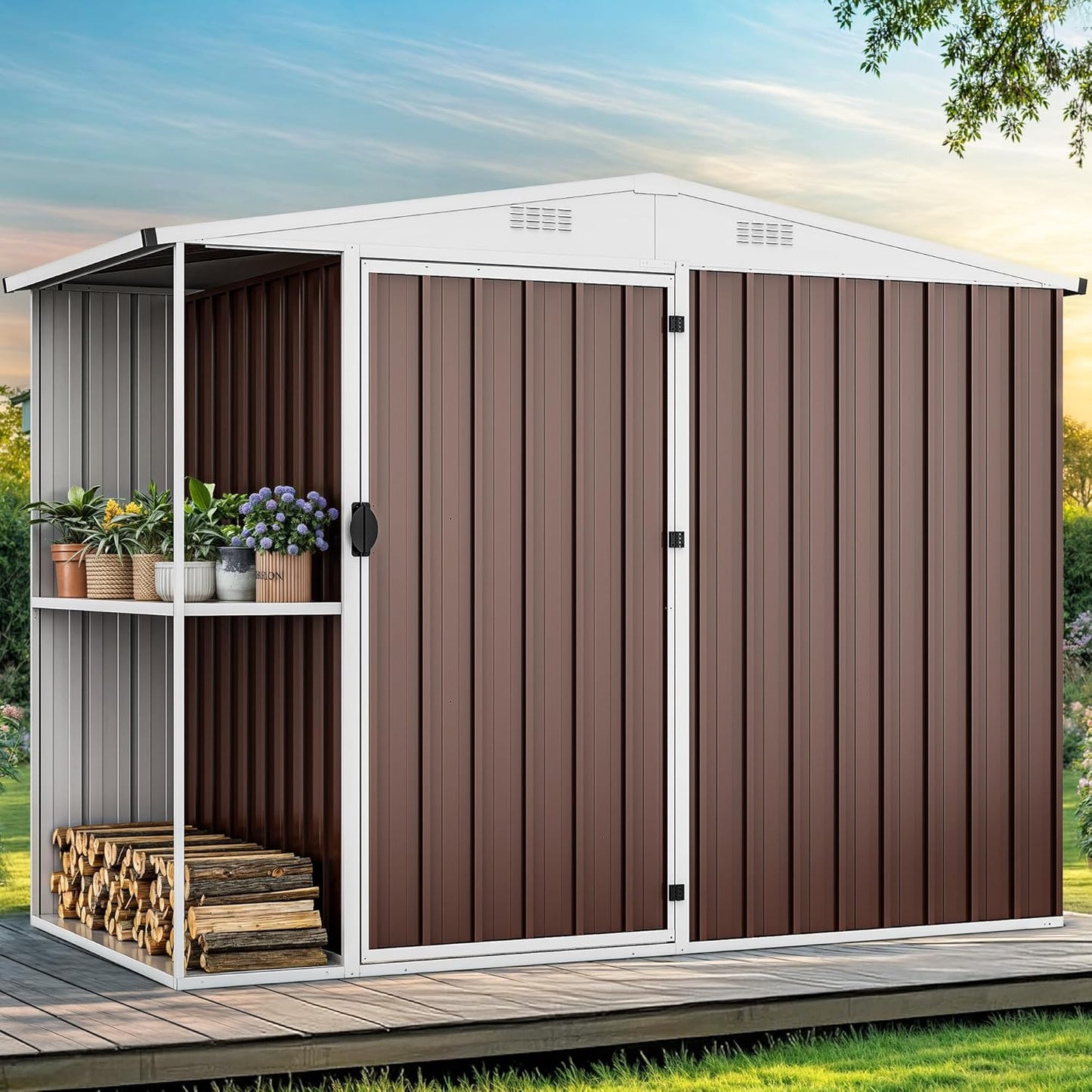 DWVO Outdoor Storage Shed 8x4FT with Rack, Metal Garden Shed with Storage Shelves, Bike Storage Tool Cabinet Box for Lawn Backyard Patio Use, Brown
