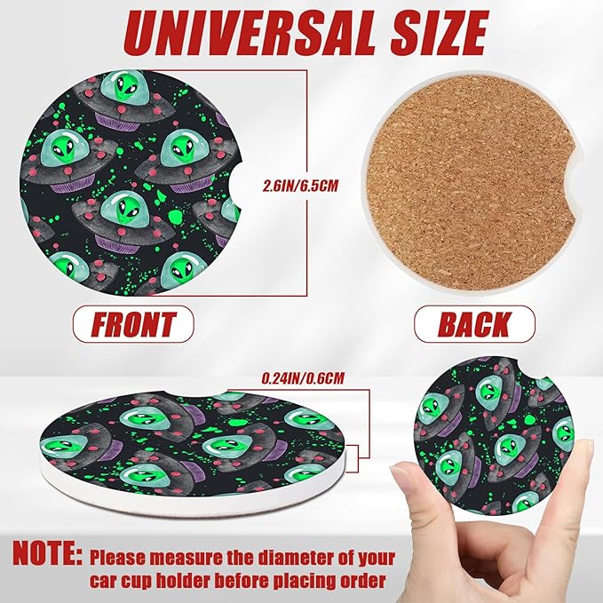 Alien Spaceship Car Coasters for Cup Holders, Absorbent Ceramic Car Coaster Car Cup Holder Coaster Car Accessories for Women Men (2 Pack)