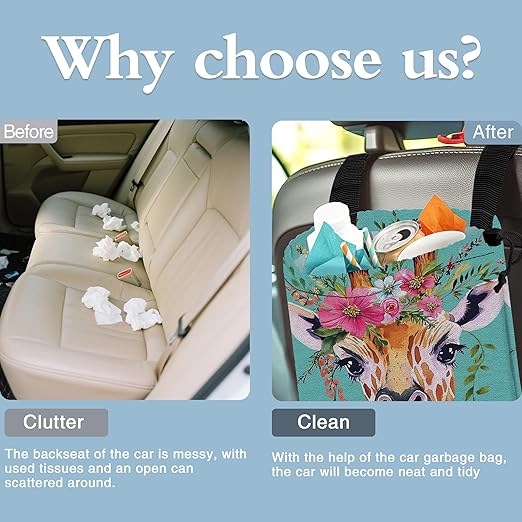 Watercolor Giraffe Car Trash Bag,Giraffe Wear Floral Crown Strap Drawstring Car Garbage Bags,Car Back Seat Organizer with Adjustable Buckle for Car Accessories
