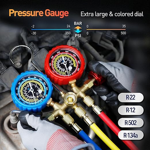 3.5CFM AC Vacuum Pump and 3 Way Gauge Set, 110V 1/4 hp HVAC Air Vacuum Pump Manifold Gauge Kit with 3 Hoses Adapters Accessories Carry Bag for R134a R12 R22 R502 Refrigeration Auto Systems