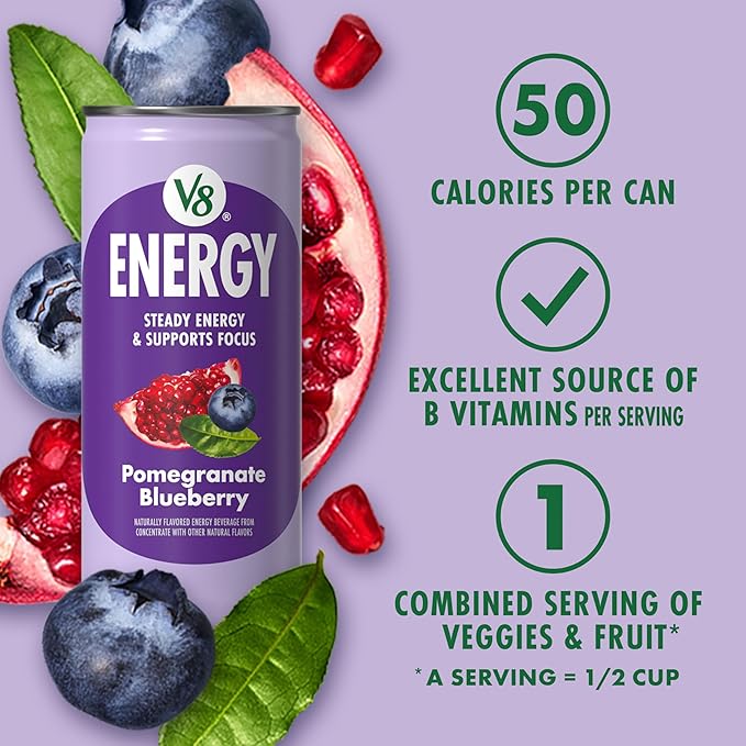 V8 +Energy Black Cherry and Pomegranate Blueberry Juice Energy Drinks, 8 fl oz Can (24 Pack)