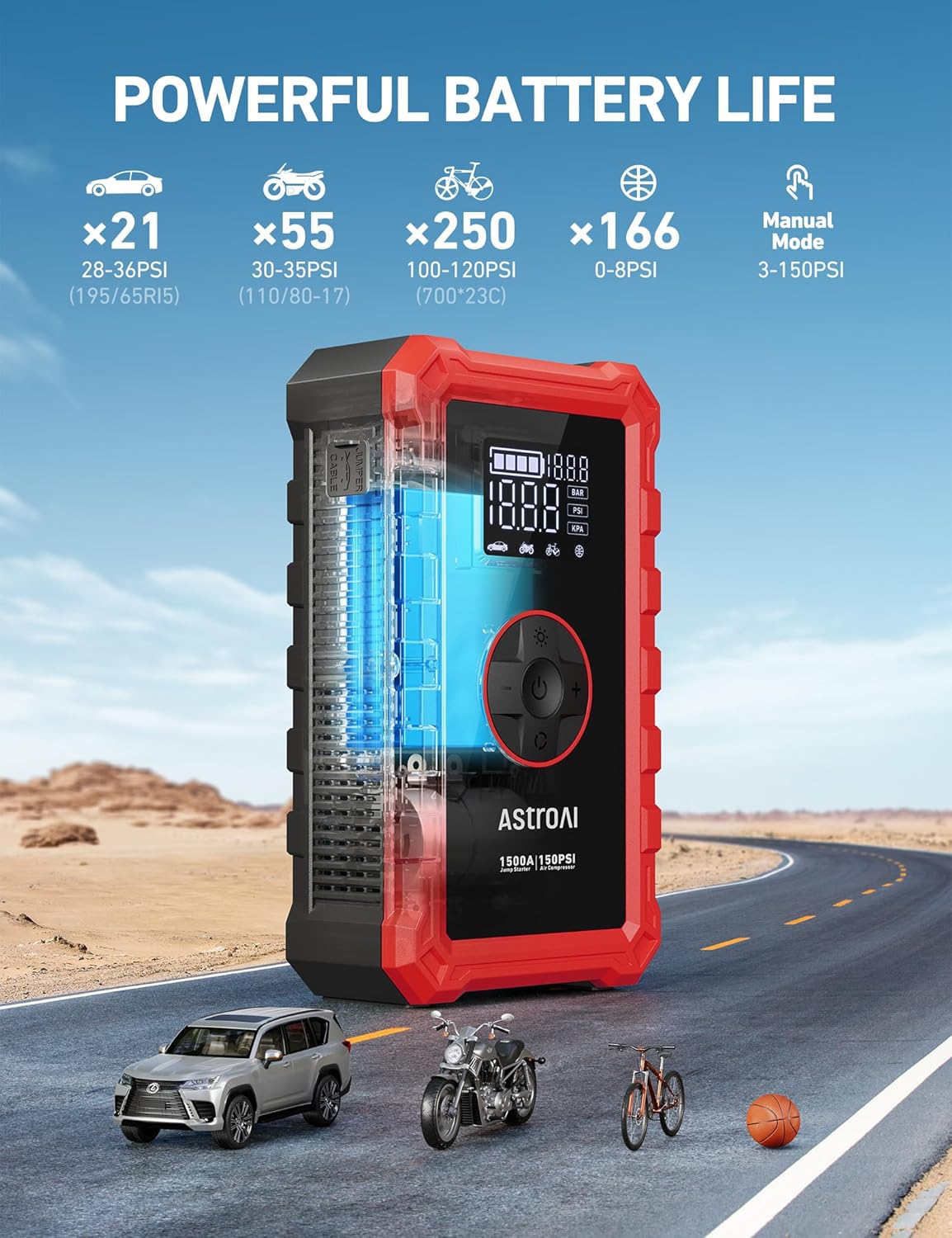 AstroAI S8 Air Jump Starter with Air Compressor, 1500A Peak Car Battery Jump Starter Portable (6.0 Gas/3.0L Diesel) with 150PSI Cordless Auto-Shutoff Tire Inflator, 12V Battery Charger Booster(Red)